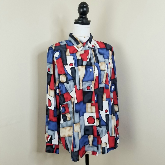 Vintage Tops - Y2K 90s Kathy Che red blue abstract mosaic print button up blouse top shirt M L